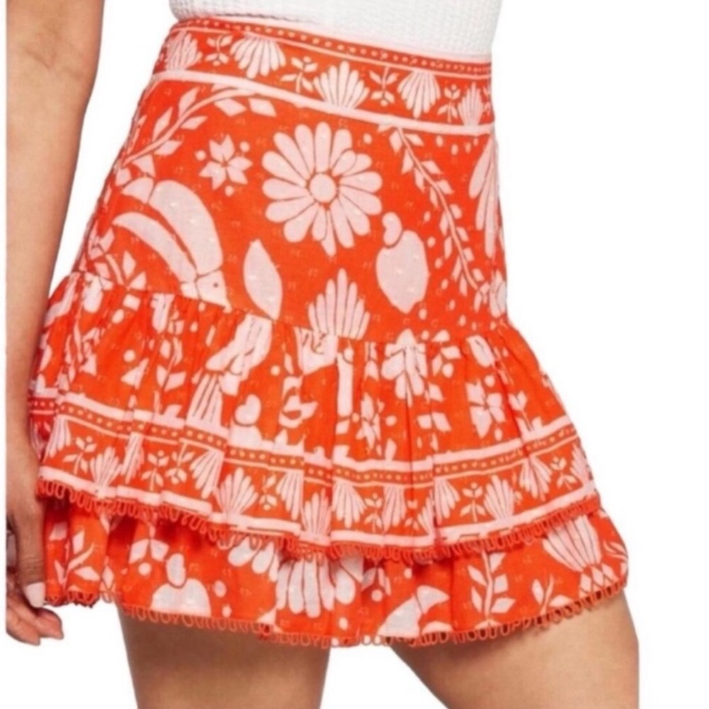 NEW Farm Rio Orange Neon Jungle Mini Skirt Tropical Tiered Crochet Detail Size L